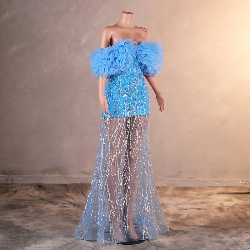 Mermaid / Trumpet Evening Gown Elegant Dress Formal Prom Sweep / Brush Train Sleeveless Off Shoulder Lace with Sequin Embroidery4