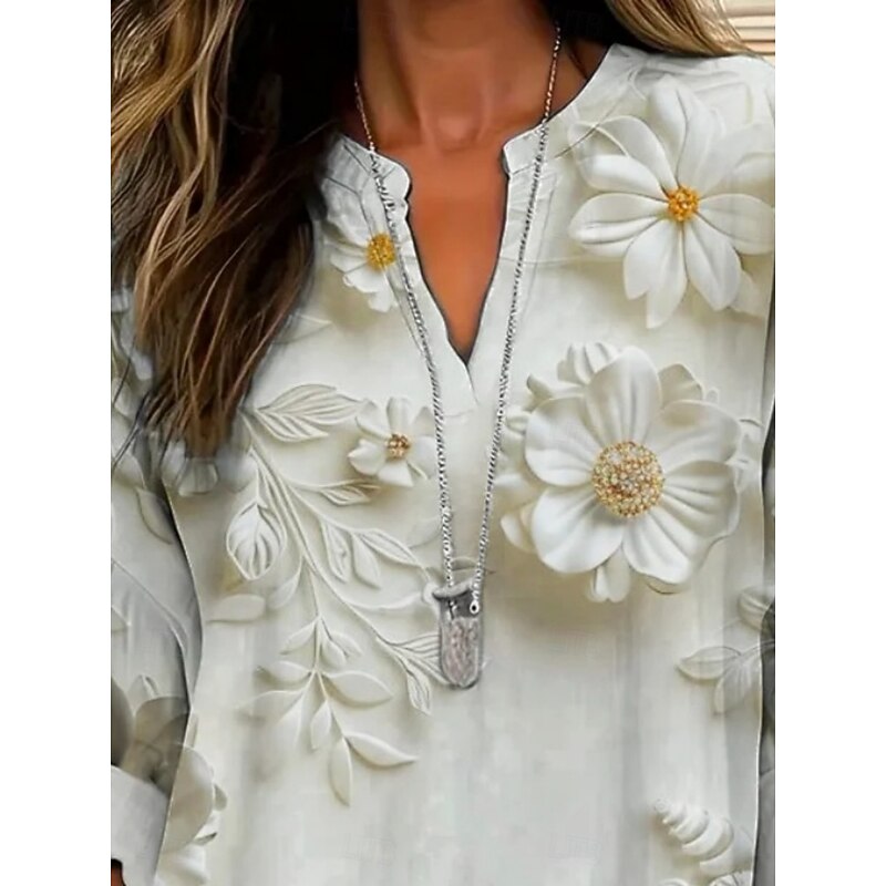 Women's Shirt Floral 3D Daily Casual Long Sleeve V Neck Regular Tops Daily Holiday Buttons Print Green Spring Fall2