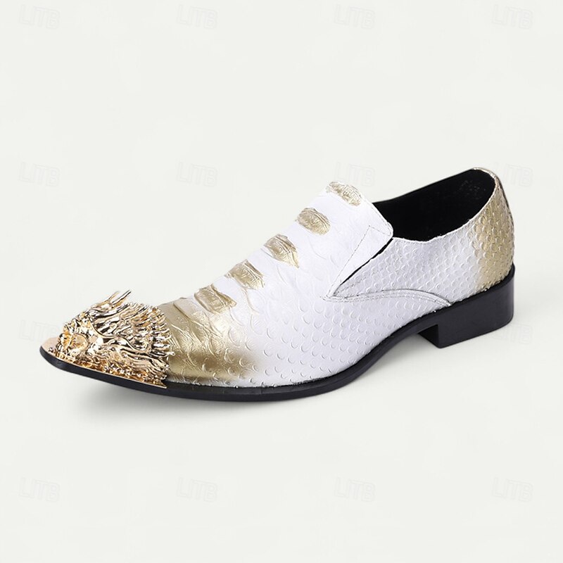 Men's White and Gold Genuine Cowhide Loafers with Studded Metal Toe Modern Punk Style Dress Shoes for Nightlife Parties Stage Performances2