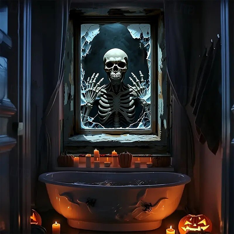 Halloween Window Curtain Skeleton with Outstretched Hands, Creepy Door Cover, Window cover,  Wall Tapestry for 2025 Halloween Haunted House Decoration2