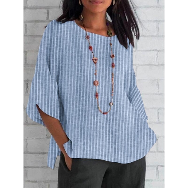 Women's Shirt Striped Daily Casual 3/4 Length Sleeve Crew Neck Regular Tops Daily Holiday Print Black Red Sky Blue Apricot Summer Spring Fall