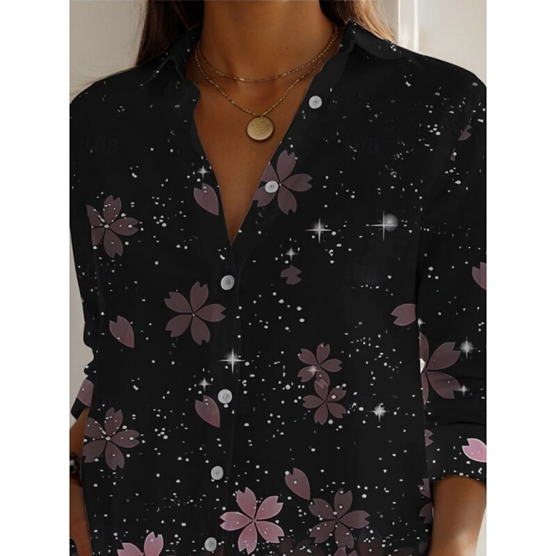Women's Shirt Floral Active Daily Stylish Long Sleeve Shirt Collar Regular Tops Daily Holiday Buttons Print Black Spring Fall2