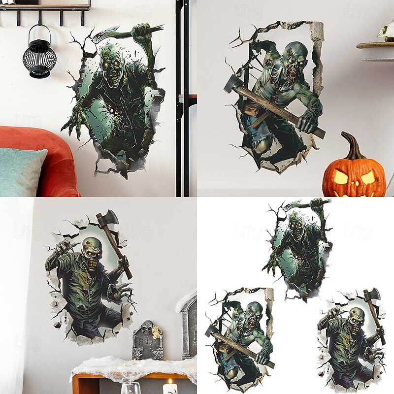 Halloween 3D Broken Wall Decal, Zombie with Axe Wall Stickers for Bedroom Living Room Entryway, Scary Self-Adhesive Halloween Wall Decor for Home Party