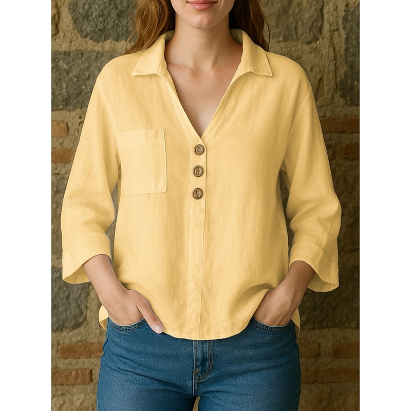Women's Cotton Linen Shirts Plain Basic Modern 3/4 Length Sleeve Shirt Collar Regular Tops Daily Pocket Buttons White Yellow Pink Sky Blue Summer Spring Fall2