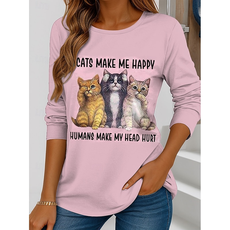 Women's T shirt Crew Neck Long Sleeve Tunic Graphic Cat Letter Vintage Stylish Classic  Round Neck Regular Tops Daily Weekend Print White / Black Black White Pink Green Spring Fall3