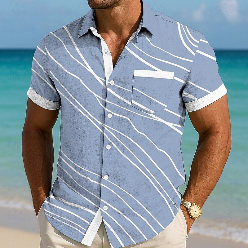 Men's Geometric Lines / Waves Shirt Summer Shirt Button Up Shirt Short Sleeve Fashion Casual Vacation Holiday Streetwear Summer Turndown 3D Print Front One Pocket Linen Like Shirt Blue Purple Green2