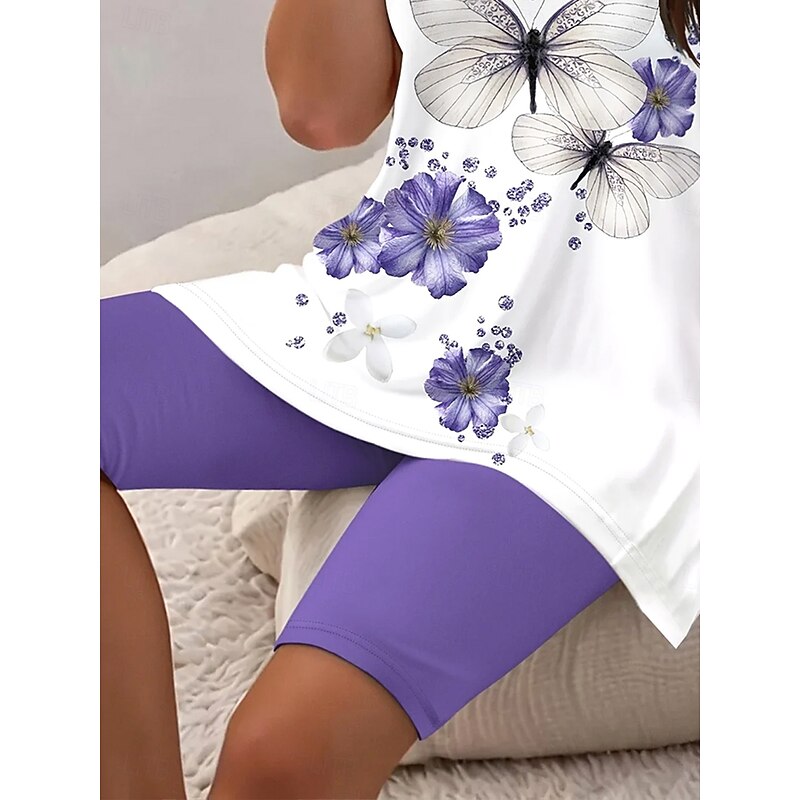 Women's Fashion Daily T Shirt Shorts Sets Short Sleeve V Neck Ombre Floral Butterfly Print Daily Casual Daily Light Green Grape Ocean Blue Summer Regular Fit3