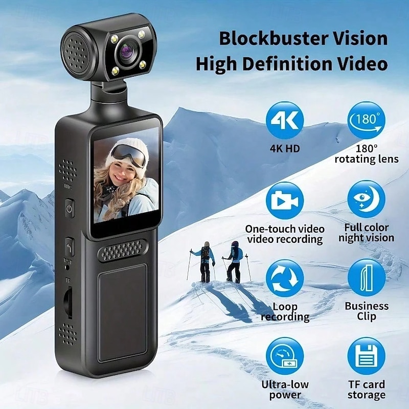 4K Ultra HD Swivel Lens Action Camera - Loop Recording & Night Vision Waterproof Anti-Shock Handheld Body Cam For Skiing Cycling Outdoor Adventures