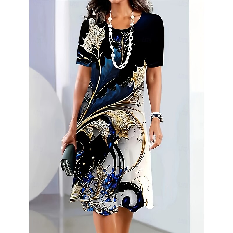 Women's Midi Dress Print Dress Fashion Modern Daily Tea Party Going out Loose Fit Floral Abstract Short Sleeve Crew Neck Black Yellow Blue Dark Blue Summer Spring2
