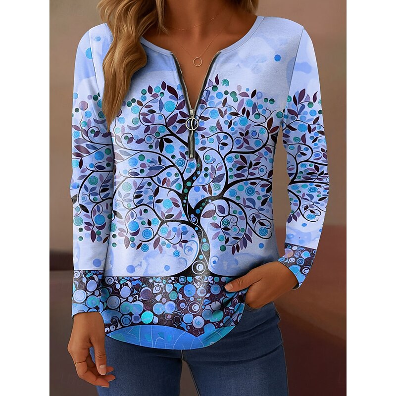 Women's T Shirt Quarter Zip Long Sleeve Casual Floral Graphic Elegant Vintage Stylish V Neck Regular Tops Daily Pink Blue Orange Green Spring Fall3
