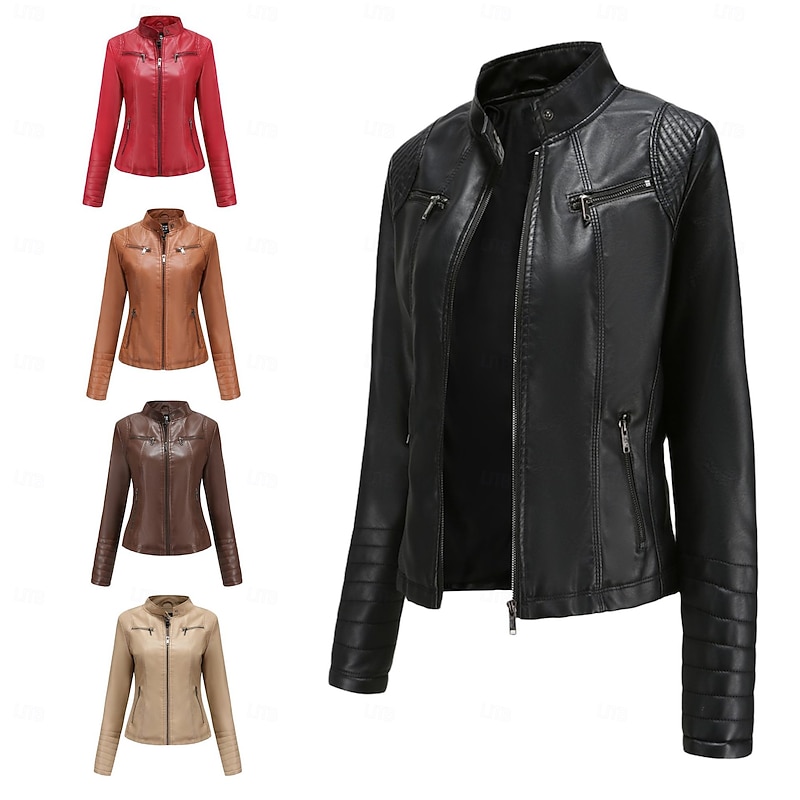 Women's Faux Leather Jacket Comfortable Pocket Full Zip Fashion Street Style Plain Outdoor Casual Daily Regular Stand Collar Regular Fit Long Sleeve Outerwear Black Red Camel Spring Fall