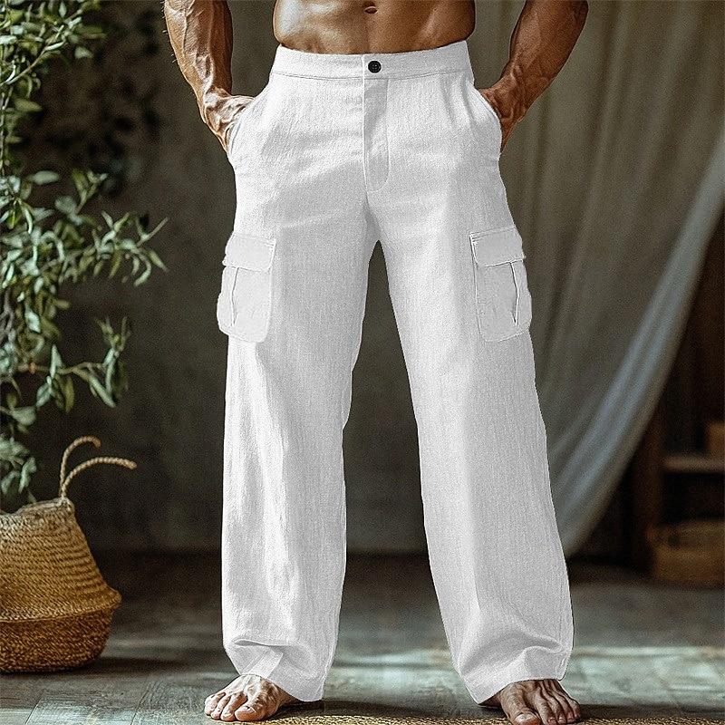 Men's Linen Pants Trousers Summer Pants Beach Pants Straight Leg Flap Pocket Plain Comfort Breathable Vacation Daily Holiday Hawaiian Boho Black White