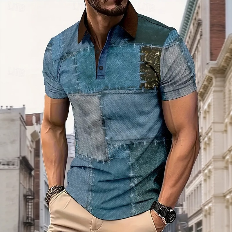 Men's Patchwork Polo Short Sleeve Polo Shirts Collared Shirts Casual Athleisure Buttons Summer Blue Purple