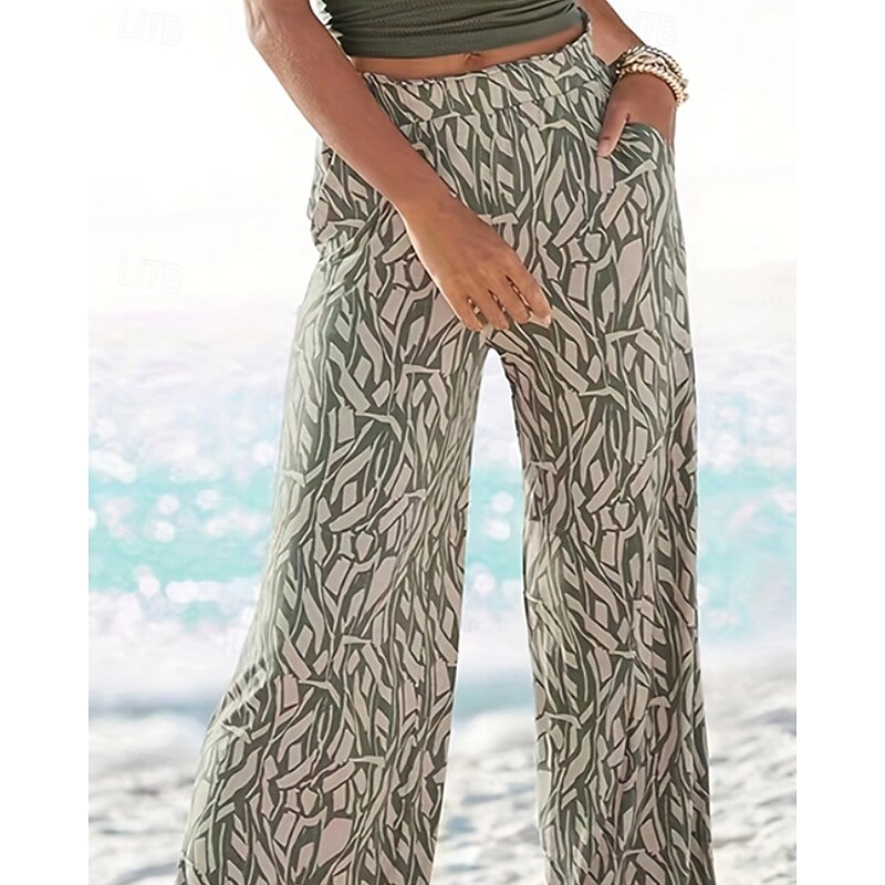 Women's Wide Leg Slacks Streetwear Casual Full Length Natural Flower Pocket Print Soft Holiday Weekend Green Fall Regular Fit3