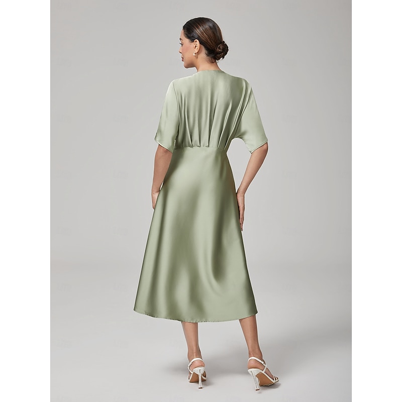 Women's Midi Dress Reverse Pleat V Neck Dolman Sleeve Elegant Casual Daily Spring Summer Fall3