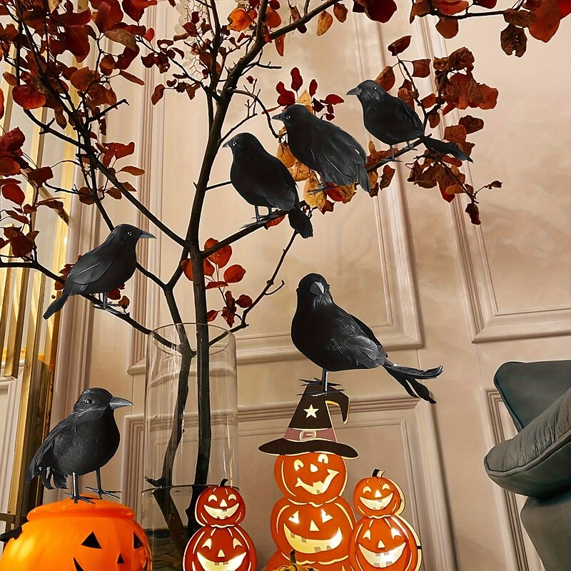 Halloween Black Crows Decorations 6-Pack - Handcrafted Realistic Feathered Ravens for Garden Yard Patio Indoor Outdoor Display - Non-Electric Seasonal Decor with Artificial Feathers3