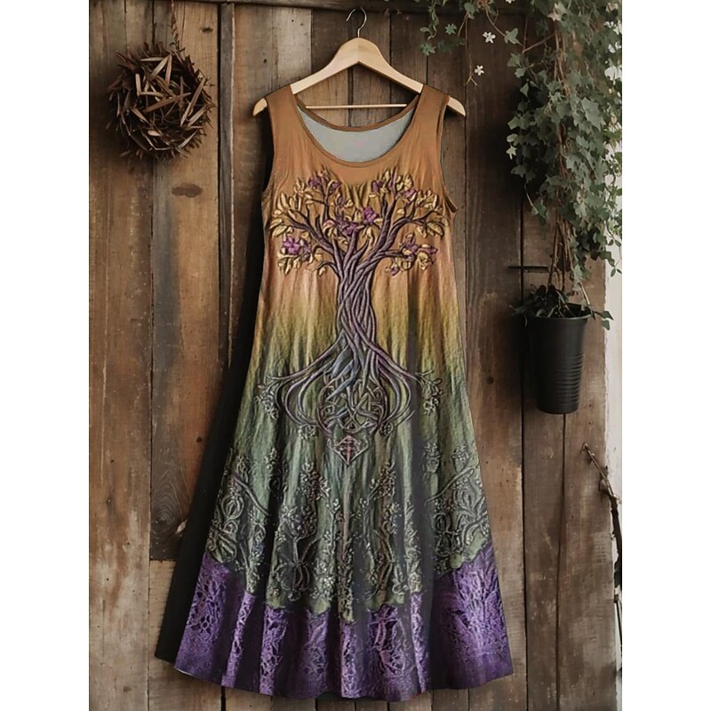 Women's  Vintage Viking Celtic Knot Gradient Art Midi Dress Sundress A Line Dress Vacation Casual Boho Wedding Party Beach Regular Fit Floral Graphic Leaf Sleeveless U Neck