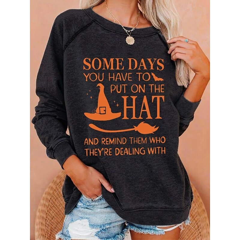 Halloween Women's Pullover Sweatshirt Fashion Casual Long Sleeve Crew Neck Regular Tops Casual Print Black White Blue Dark Gray Gray Summer Spring Fall
