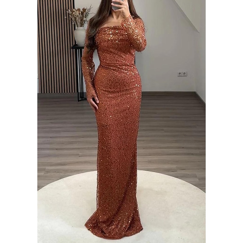 Black Tie Rust Gown Glitter Mermaid / Trumpet with Detachable Overskirt Evening Gown Elegant Dress Formal Wedding Floor Length Long Sleeve Sequin Lace Satin with Pleats Ruched Details3