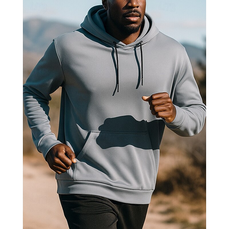 Men's Hoodie Sweatshirt Running Top Drawstring Pocket Long Sleeve Top Athleisure Fall Solid Colored Moisture Wicking Breathable Basketball Football Running Sportswear Activewear Black Gray