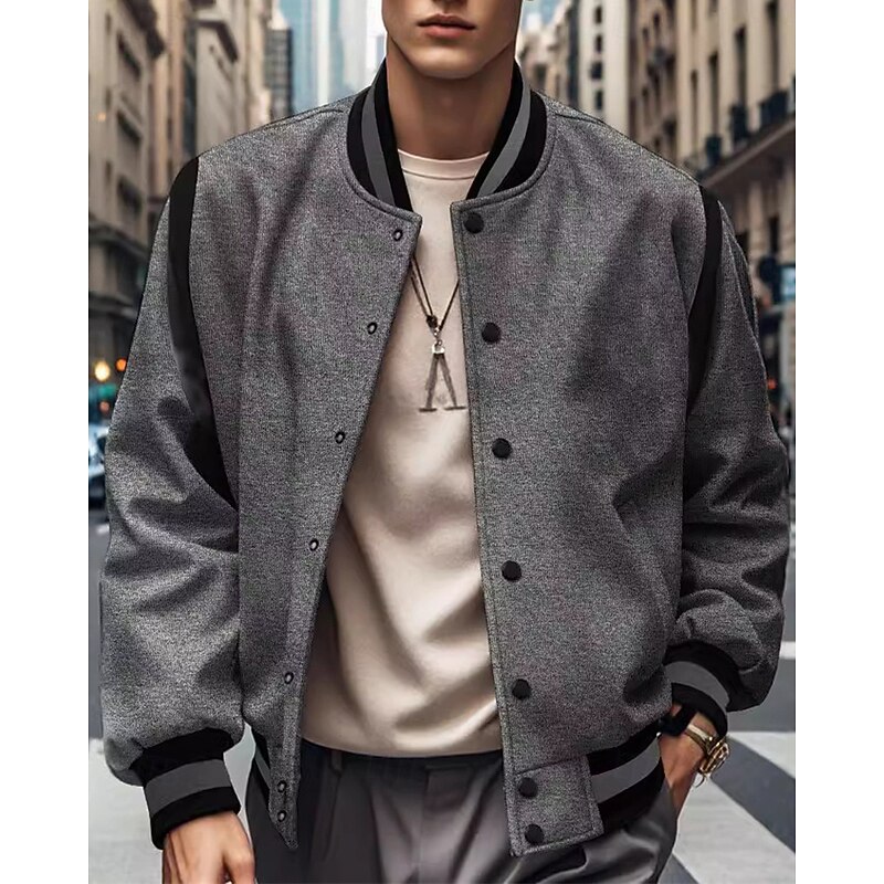 Men's Casual Jacket Varsity Jacket Vacation Daily Breathable Pocket Spring Fall Color Block Fashion Classic Stand Collar Regular Black Blue Gray Jacket
