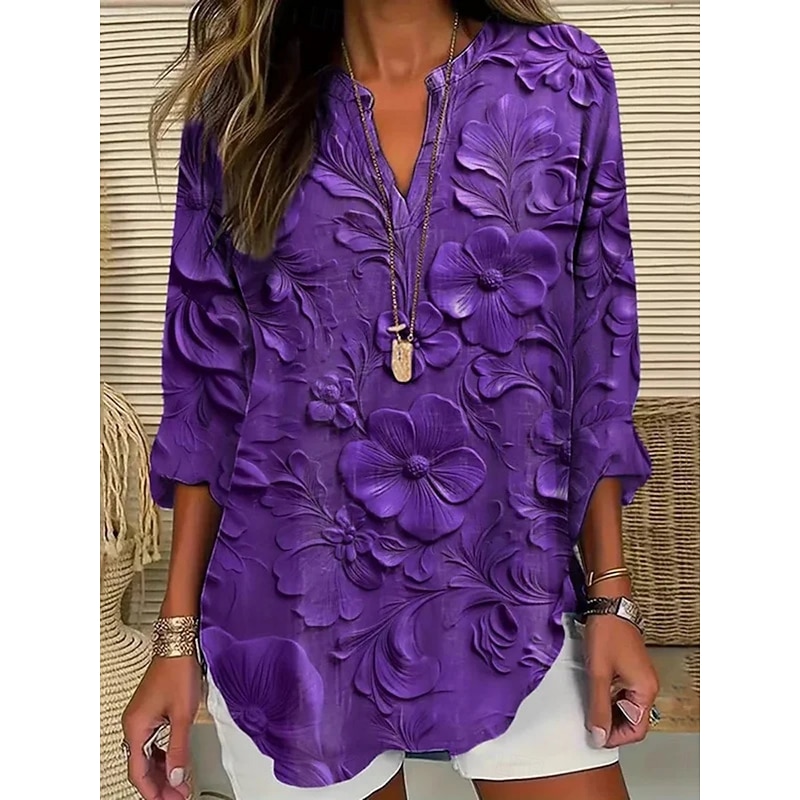 Women's Shirt Floral Daily Casual Long Sleeve V Neck Regular Tops Daily Holiday Buttons Print Purple Spring Fall