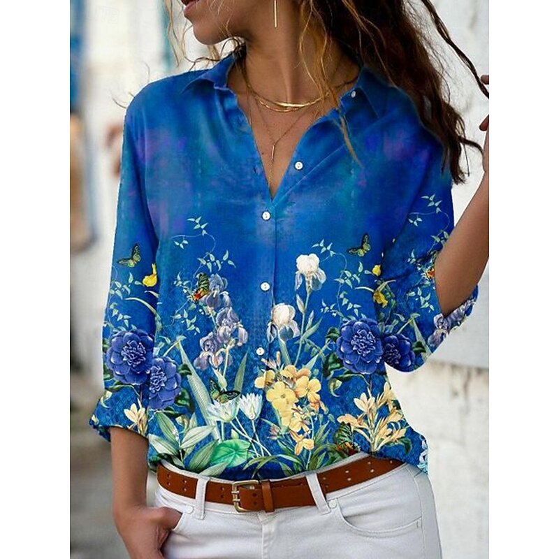 Women's Shirt Button Down Tunic Shirt Collar Long Sleeve Ombre Floral Graphic Daily Stylish Casual Regular Tops Work Daily Holiday s Print Sage Green Pink Blue Light Purple Purple4
