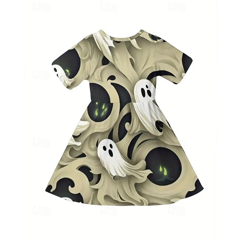 Halloween Girls' 3D Ghost Dress Short Sleeve Summer Spring Vacation Daily Holiday Princess Beautiful Sweet Kids 4-12 Years Casual Dress A Line Dress Knee-length Regular Fit4