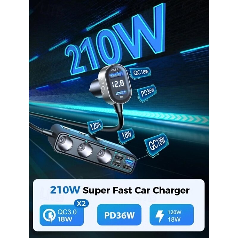 9 in 1 Cigarette Lighter Splitter, 210W Cigarette Lighter Adapter with PD/QC 3.0 * 2 Charge(3.3FT Cable), 12V/24V Independent Switches DC Cigarette Outlet Car Charger for All Car Devices2