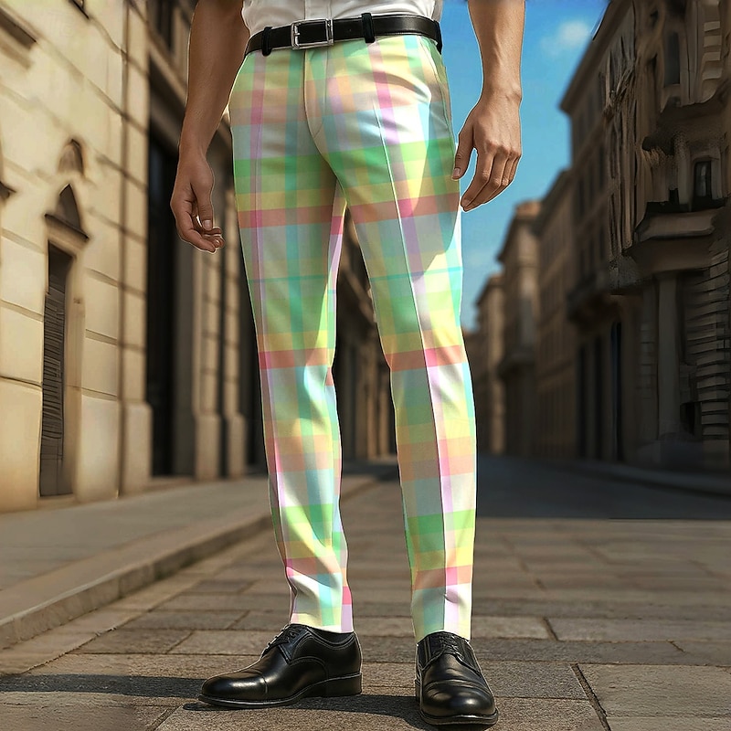 Men's Geometric Color Block Grid / Plaid Dress Pants Trousers Casual Pants Mid Waist Casual Vacation Party Daily Summer Spring Fall 3D Print Yellow Blue Green