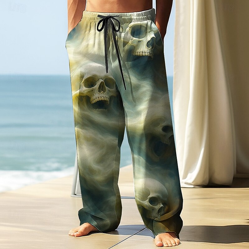Men's Trousers Baggy Pants Casual Pants Elastic Drawstring Waist Linen-Like Pants with Pockets Skull Halloween Costumes Full Length Holiday Streetwear Dark Punk Gothic Style Light Green Blue2