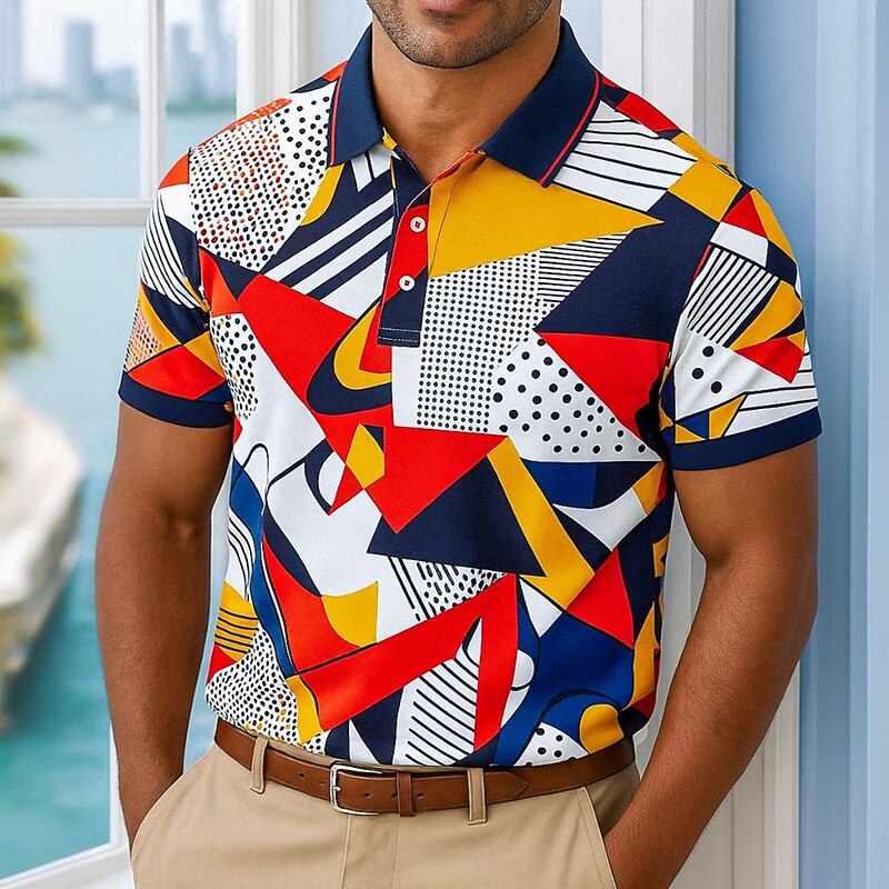 Men's Polo Casual Turndown Short Sleeve Geometric Abstract Buttons Summer Regular Fit Black Multicolor Orange Green Polo