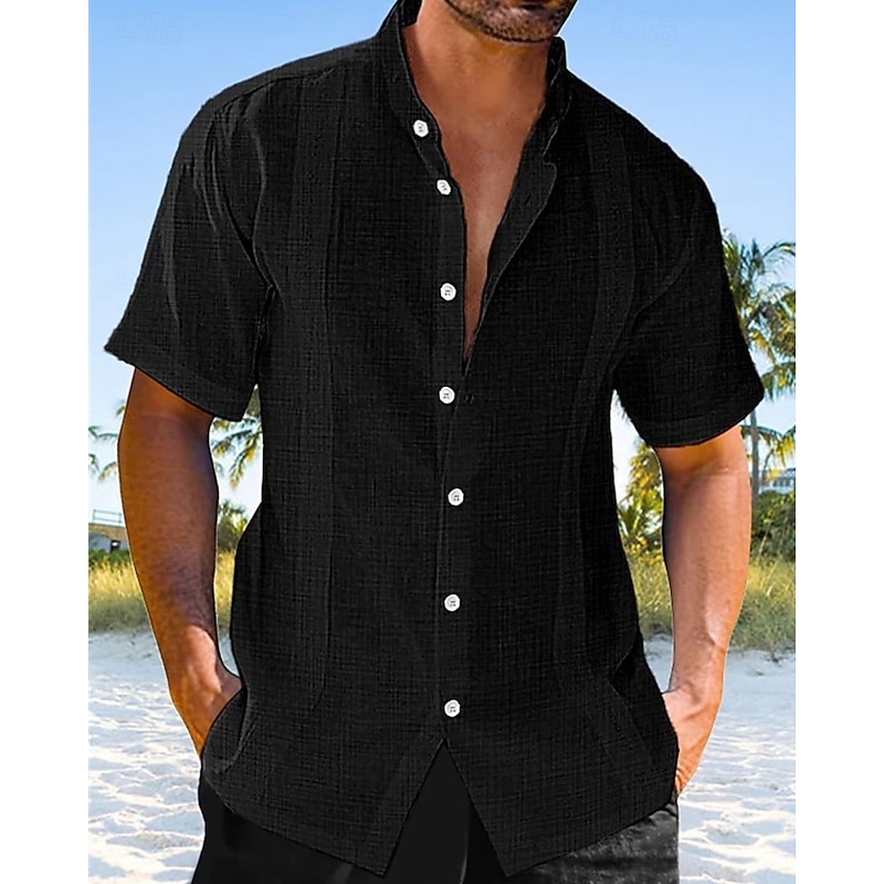 Men's Shirt Linen Shirt Casual Shirt Button Up Shirt Cotton Shirt Plain Vacation Street Black White Green Apricot Short Sleeve Band Collar Summer Spring Clothing Apparel Button-Down2