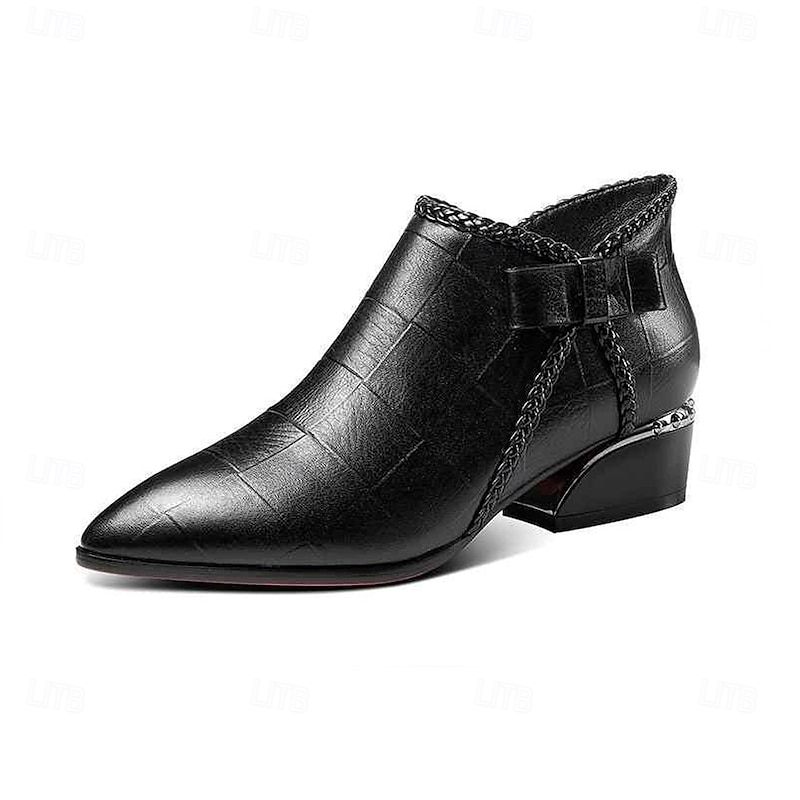 Women's Beige Faux Leather Ankle Boots with Bow and Block Heel, Elegant Pointed Toe Short Boots for Office and Party Wear4