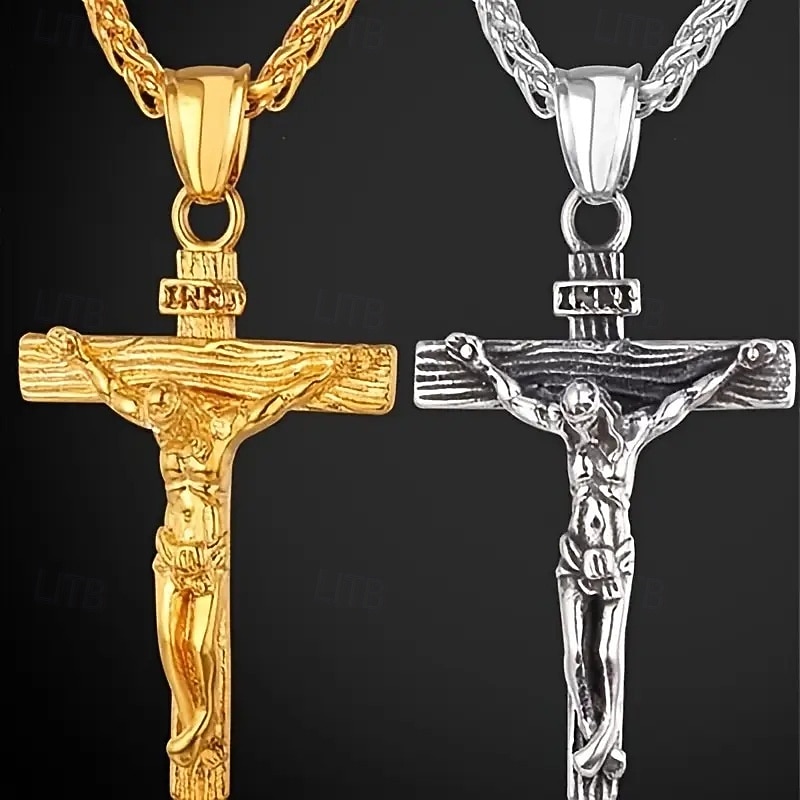 Crucifix Necklace for Men, Vintage Jesus Cross Pendant, Stainless Steel Hip Hop Chain, Religious Fashion Jewelry for Streetwear & Daily Wear
