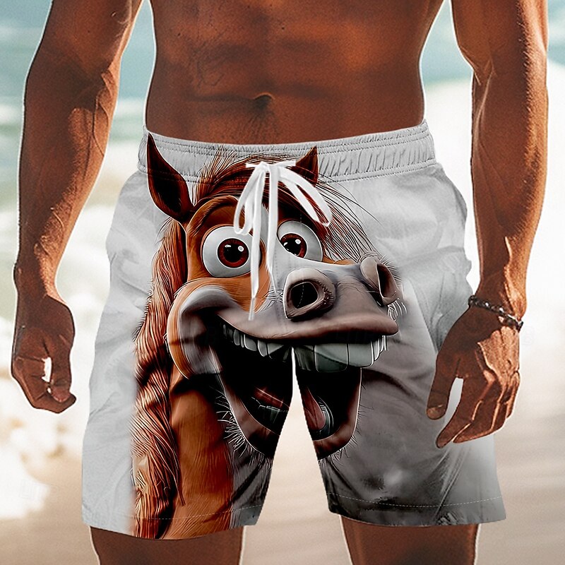 Men's Cartoon Rooster Donkey Swim Trunks Swim Shorts Board Shorts Mid Waist Funny Outdoor Vacation Dailywear Side Pockets Mesh Lining Elastic Drawstring Waist Designer Clothing Apparel