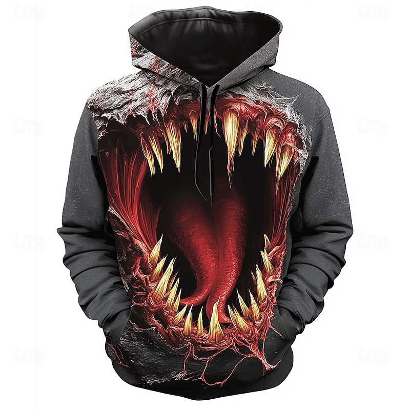 Halloween Men's 3D Mouth Hoodies Sweatshirt Punk Exaggerated Long Sleeve Crew Neck Club Streetwear Black Gray Drawstring Graphic Fall Winter Designer
