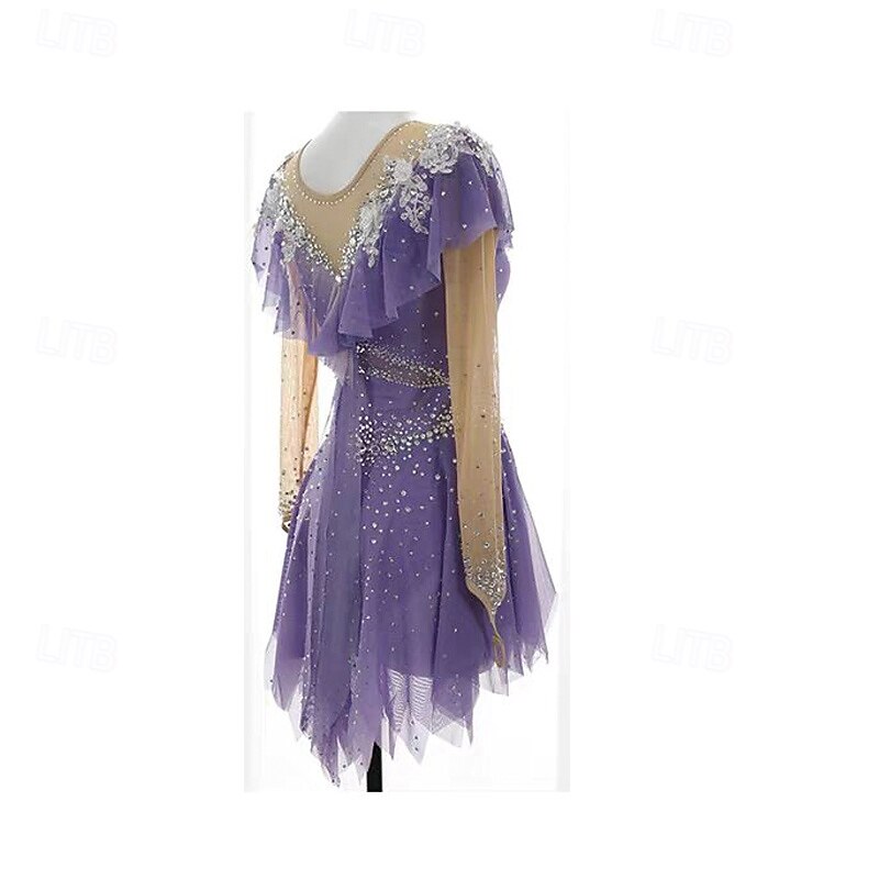 Figure Skating Dress Women's Girls' Ice Skating Dress Violet Patchwork Thumbhole Mesh Spandex Stretchy Training Practice Professional Skating Wear Thermal Warm Crystal / Rhinestone Long Sleeve Ice3