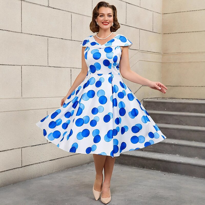 Retro Vintage 1950s Rockabilly Midi A Line Dress Flare Dress Plus Size Polka Dot A-Line V Neck Fancy Dress Women's Vacation Homecoming Party & Evening Adults Dress Spring & Summer