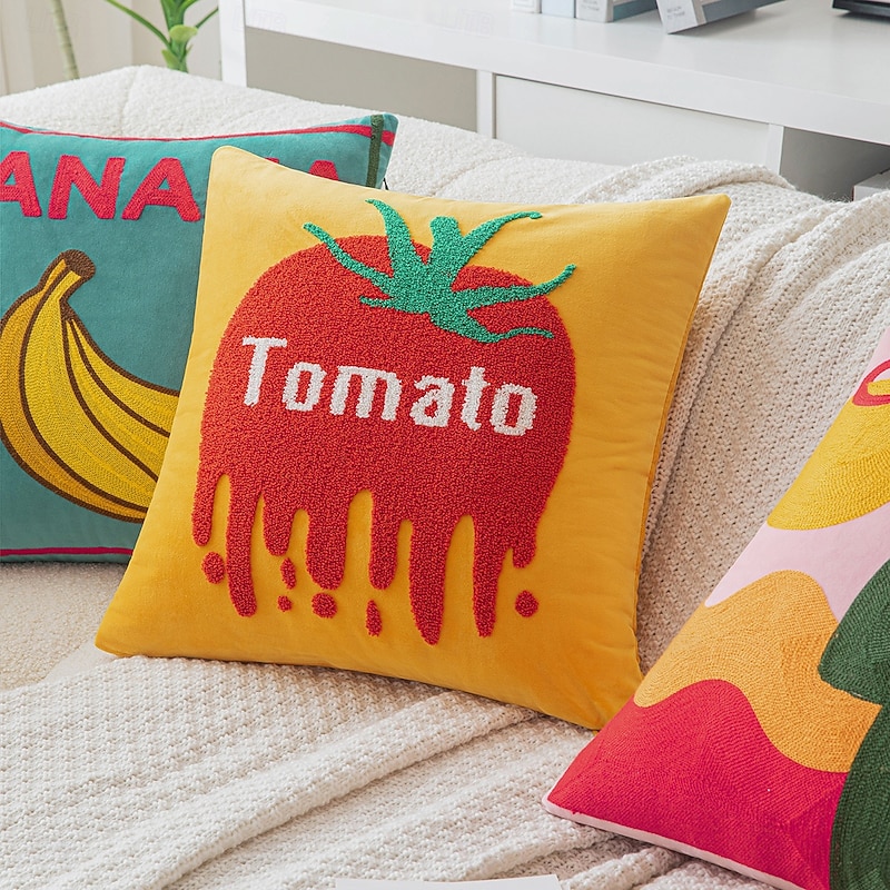 1 pcs Fruit Design Toss Pillow Cover, Embroidery Boho Casual Square Zipper Traditional Classic3