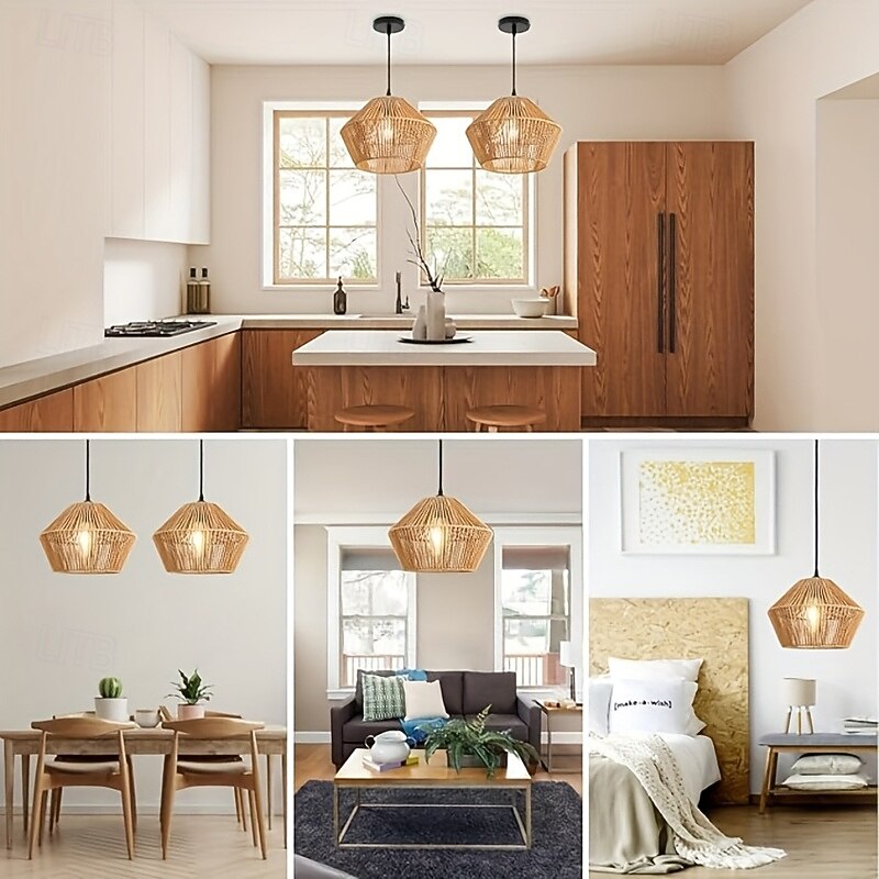 Rattan Hanging Lamp, Boho Lamp with Diameter 30 cm, Rattan Lampshade, Vintage E27 Pendant Light, Braided for Ceiling for Dining Table, Kitchen, Bedroom, Living Room4