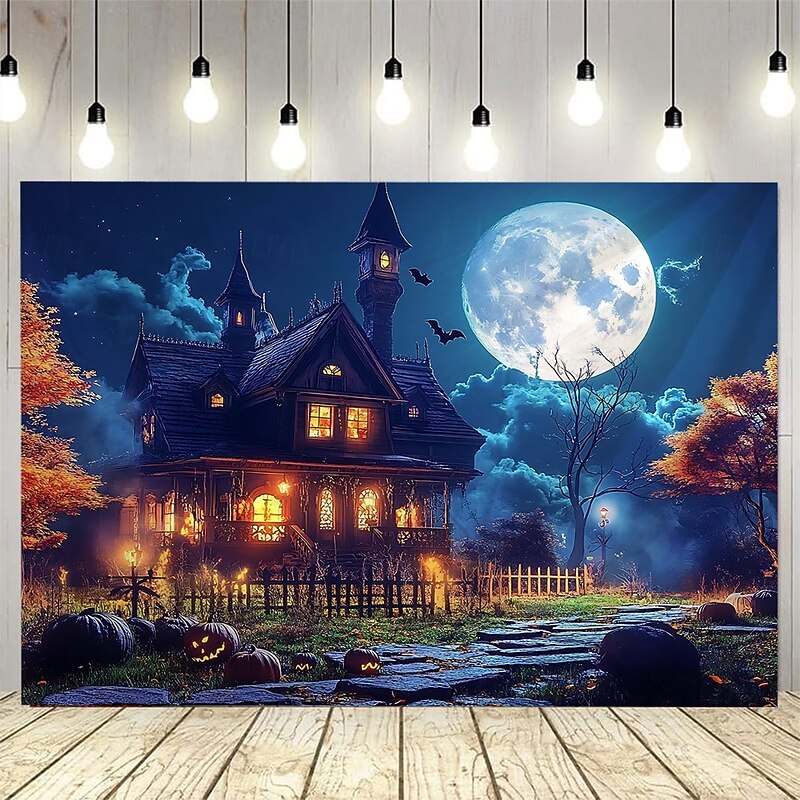 Halloween Pumpkin Lantern Abandoned House at Night Landscape Hanging Tapestry Mural Art Large Tapestry Mural Decoration Photos Background Carpet Curtains Home Bedroom Living Room Decoratin