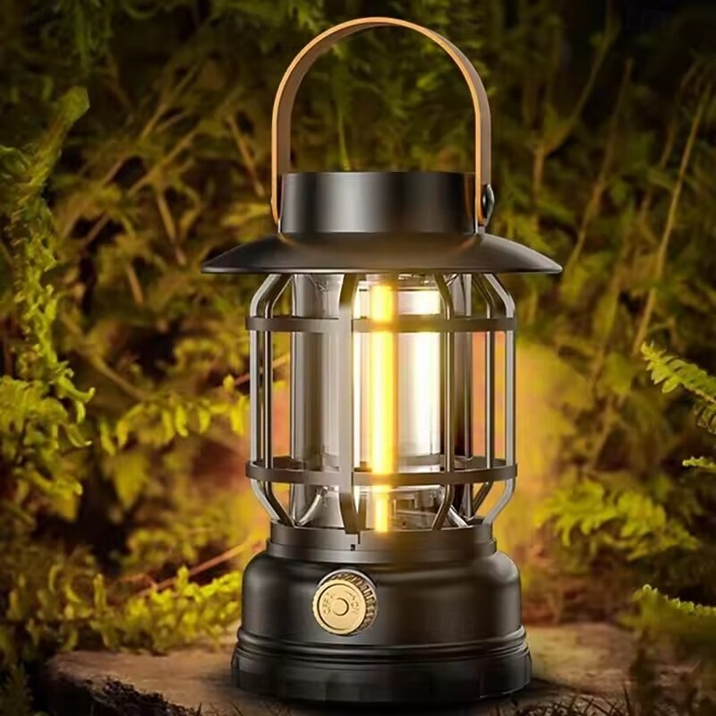 Solar Camping Lantern USB Rechargeable Retro Dimmable Camping Lamp Waterproof Portable Tent Light for Indoor Outdoor Hiking Emergency Black