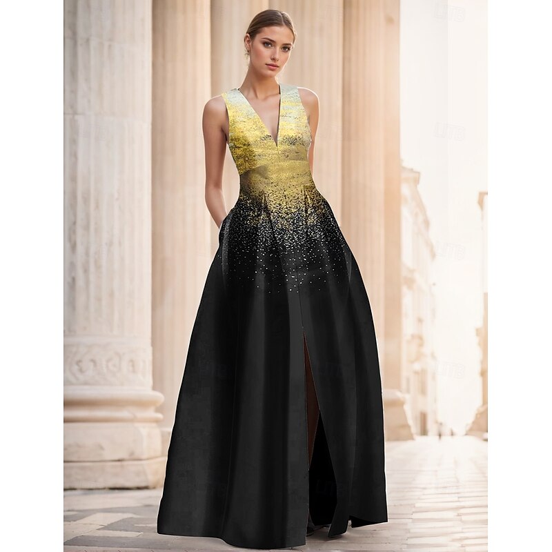 Glod and Black Jacquard Gown A-Line Evening Gown Elegant Dress Formal Wedding Floor Length Sleeveless V Neck Nylon with Slit Pocket
