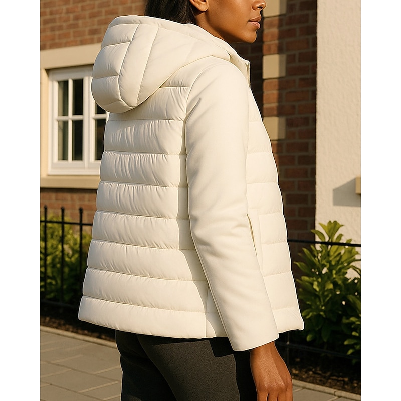 Women's Puffer Jacket outdoor coat Full Zip Hooded Long Sleeve Top Athleisure Solid Colored Windproof Lightweight Warm Athletic Sports Track Sportswear Activewear Black White Pink2