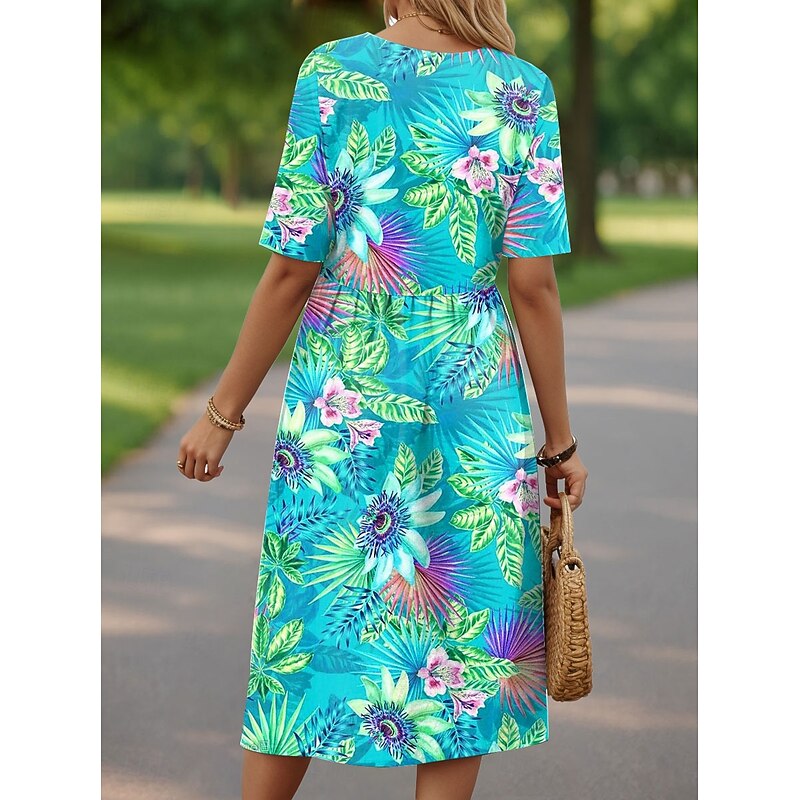 Women's Midi Dress Casual Dress Sundress A Line Dress Summer Dress Vacation Casual Beach Holiday Regular Fit Floral Graphic Short Sleeve Crew Neck Pink Blue Green Beige Summer Spring2