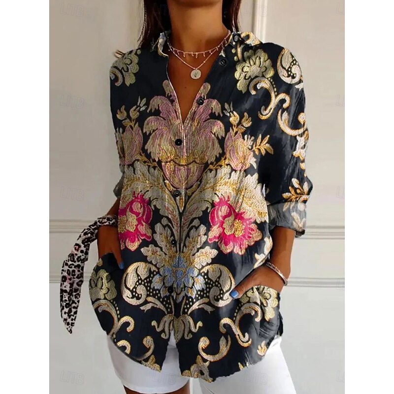 Women's Shirt Button Down Tunic Shirt Collar Long Sleeve Floral Graphic Geometric Casual Regular Tops Work Daily s Print Black Pink Orange Green Spring Fall Winter