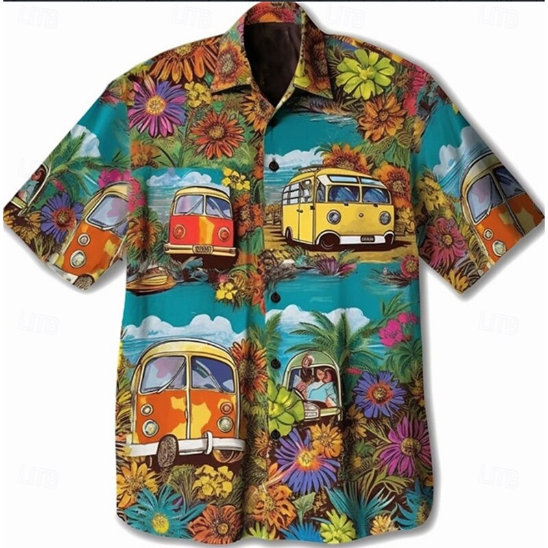 Men's Floral Hippie Bus Shirt Summer Hawaiian Shirt Aloha Shirt Short Sleeves Shirt Turndown Fashion Streetwear Designer Outdoor Street Casual Yellow Navy Blue Blue S M L4