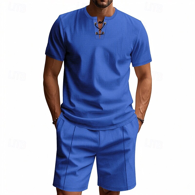 Men's Waffle Shirt T-shirt Suits 2 Pieces Outfits Tee & Shorts Short Sleeve V Neck Summer Plain Fashion Casual Lace up 2 Piece Vacation Daily Wear Going out Black White Royal Blue Top Tee for Men2