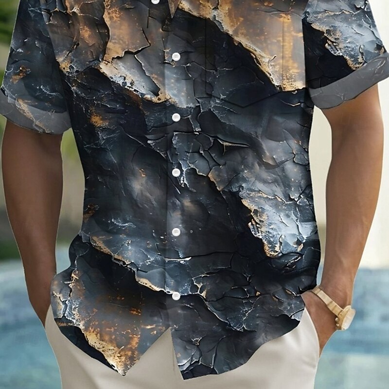 Men's Stone Vintage Rock Shirt Summer Shirt Button Up Shirt Short Sleeve Fashion Casual Outdoor Vacation Dailywear Summer Spring Turndown 3D Print Collared Shirts Front One Pocket Dark Gray3